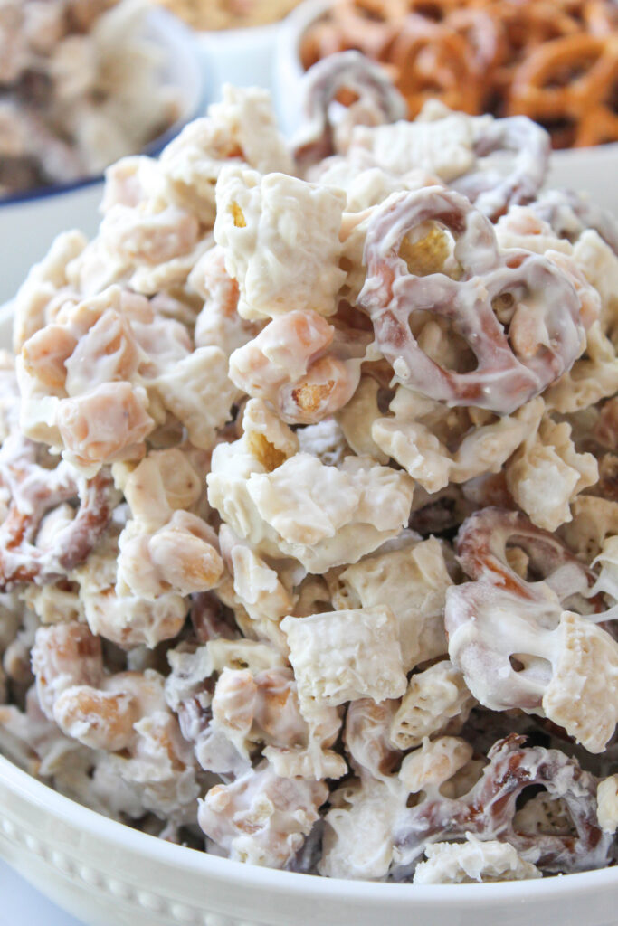 White chocolate party mix with sweet and salty ingredients