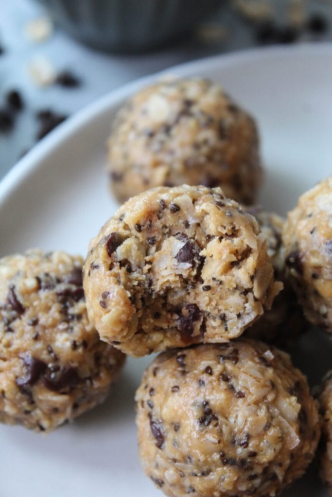 Close‑up of peanut butter snack balls showing crispy rice pieces