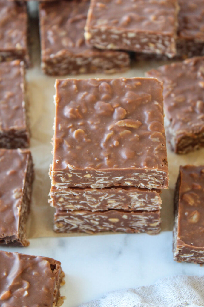No‑bake chocolate peanut butter oat bars stacked