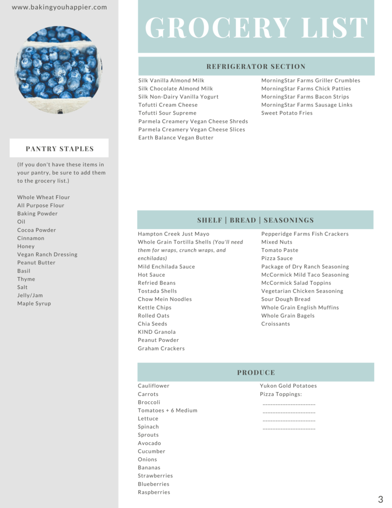 Dairy Free Weekly Meal Plan