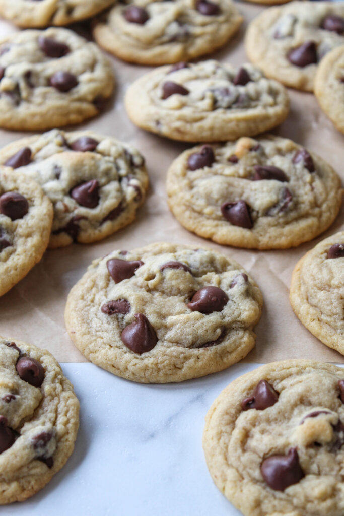 Soft chocolate chip cookies with gooey centers and golden edges