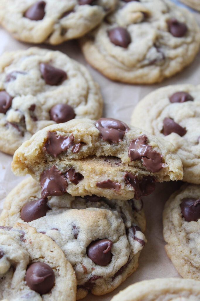 Chewy chocolate chip cookies with melted chocolate chips