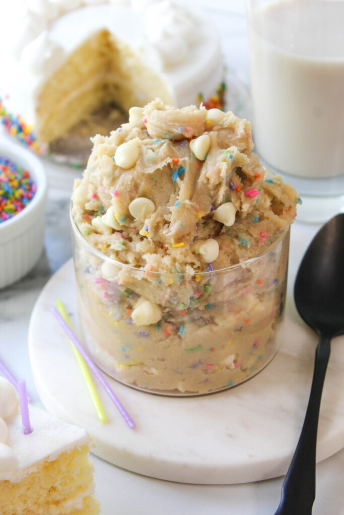 Birthday cake cookie dough ready to eat with soft texture and sprinkles