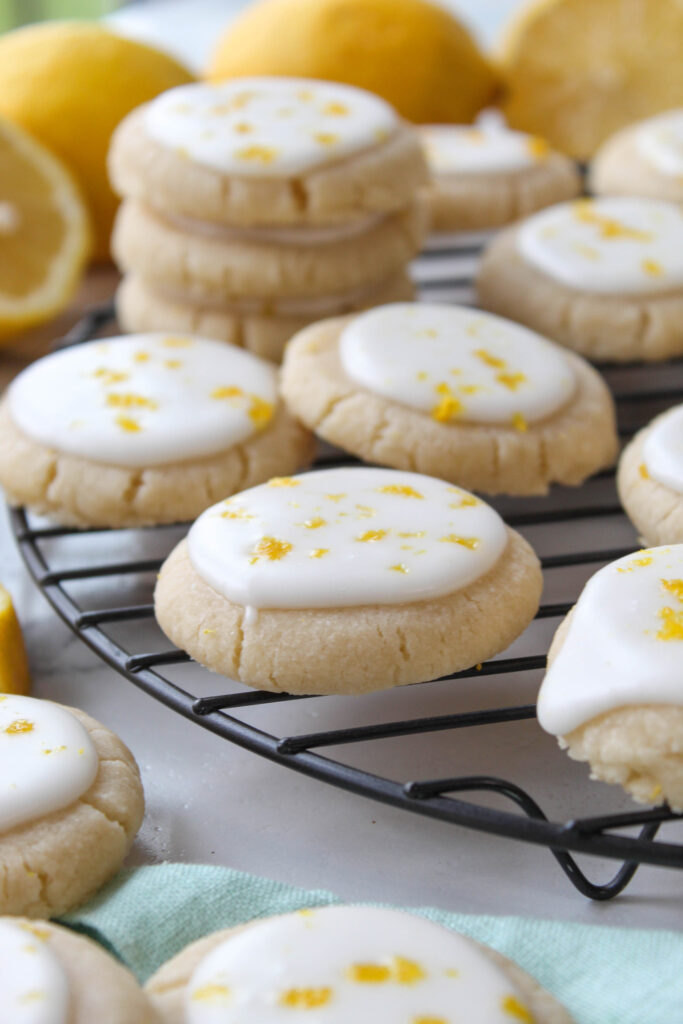 Close-up of lemon meltaway cookies showing their soft, crumbly texture