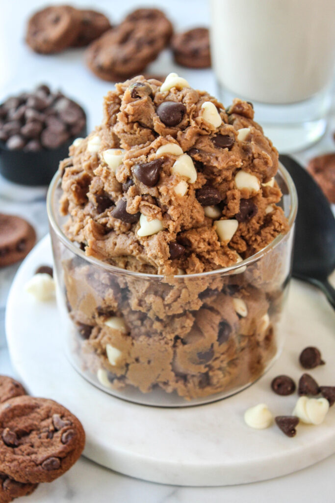 Triple chocolate edible cookie dough with chocolate chips and white chocolate chips