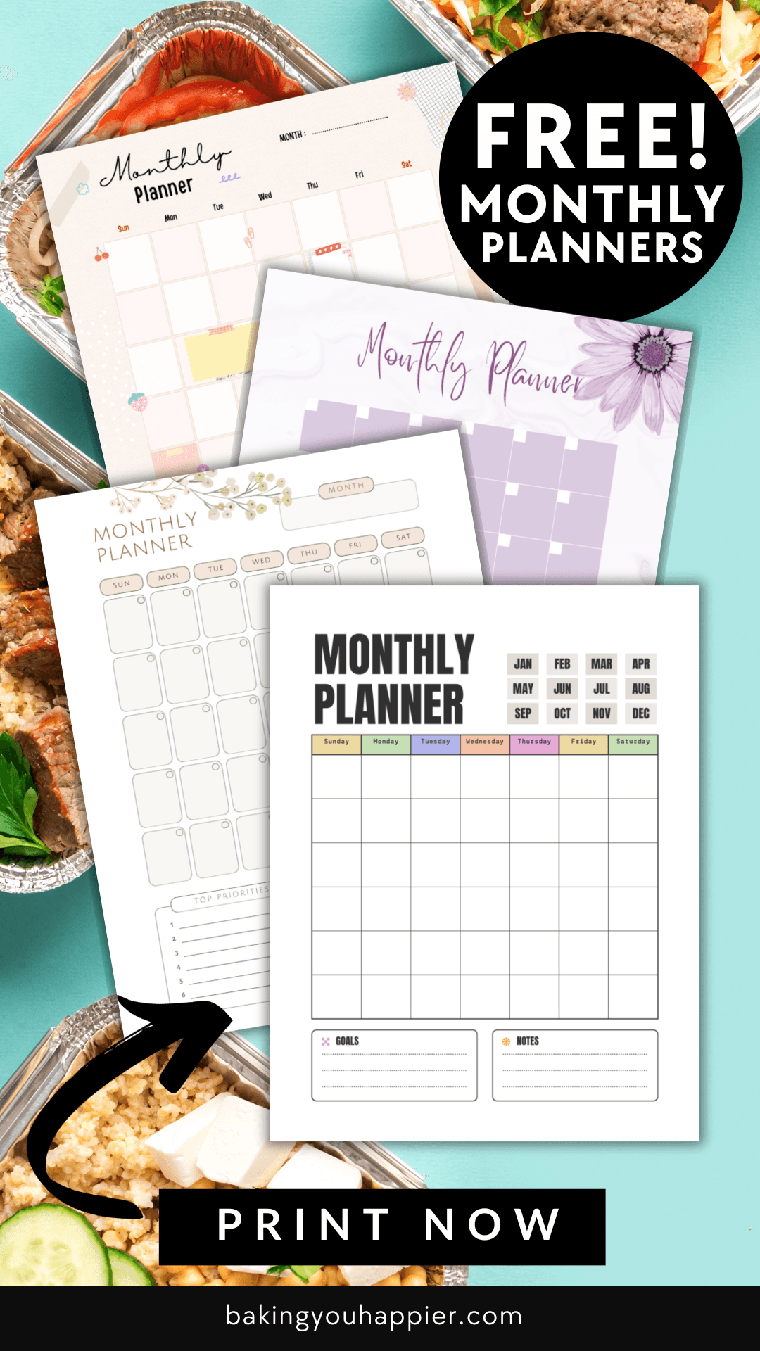 Free Printable Monthly Meal Planners | Baking You Happier