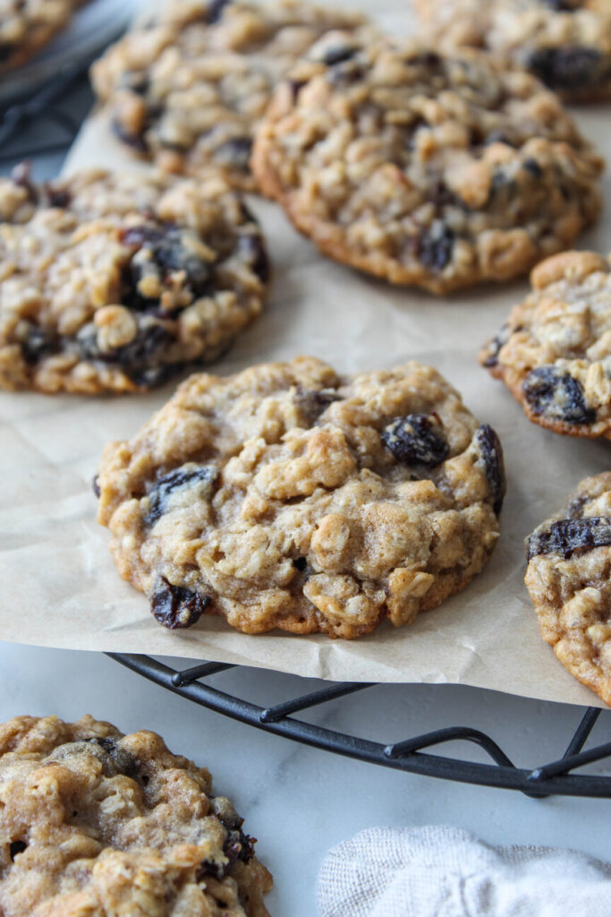 Close‑up of oatmeal raisin cookies showing chewy texture