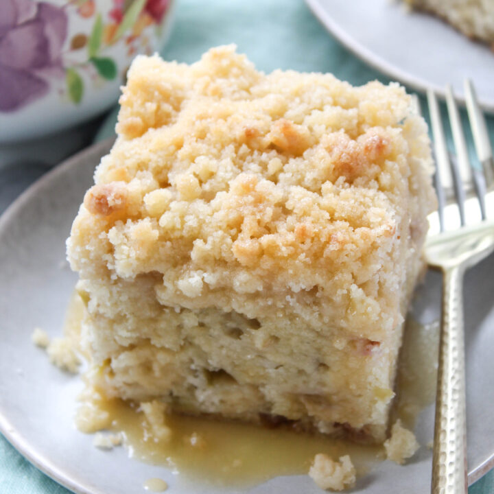 Rhubarb Streusel Cake with Warm Vanilla Sauce
