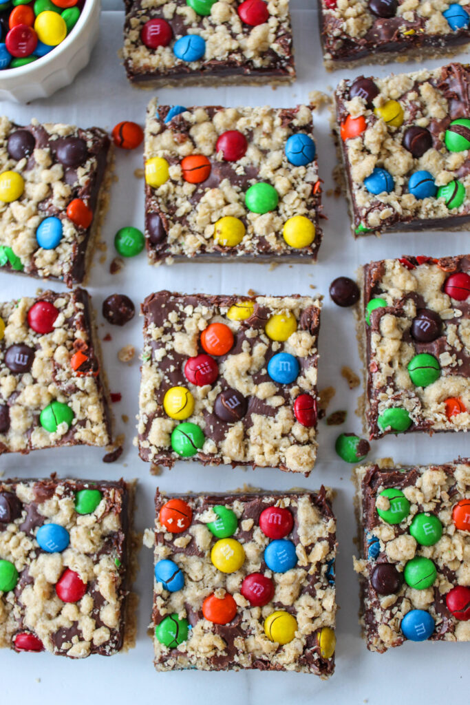 Chewy M&M chocolate bars cut into squares