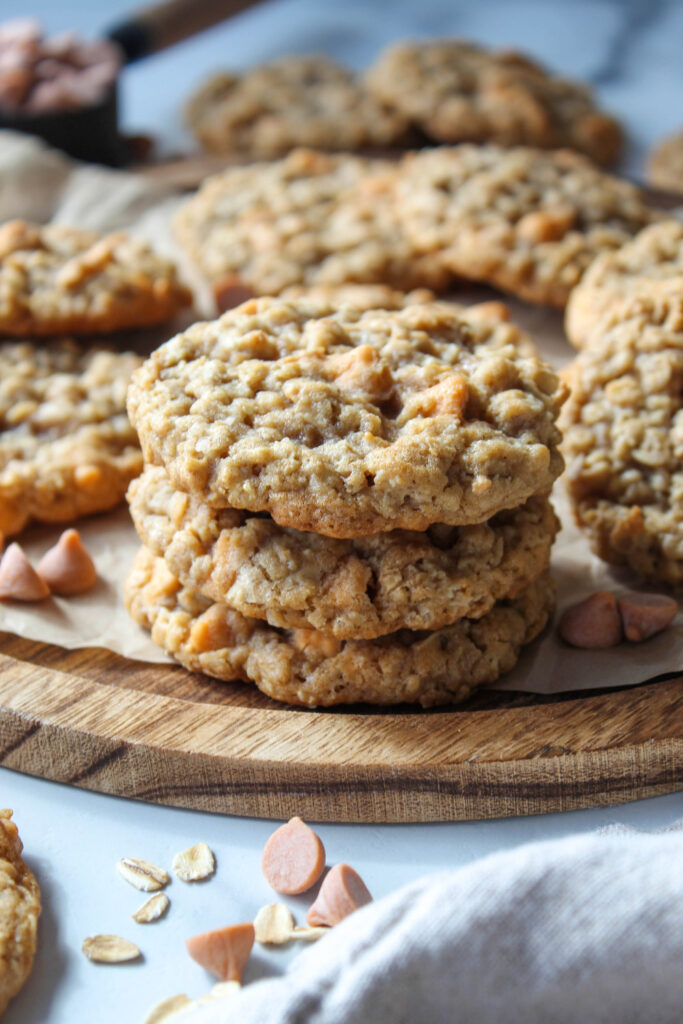 Close‑up of chewy oatmeal scotchies with butterscotch chips