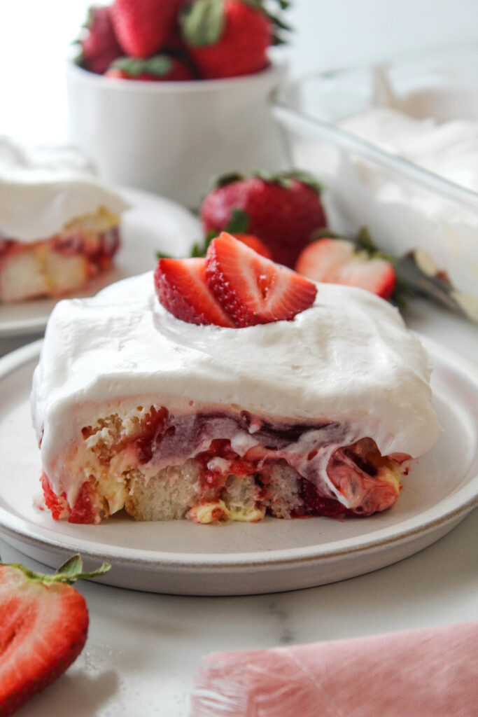Strawberry Heaven dessert made with angel food cake, creamy pudding, and strawberry topping