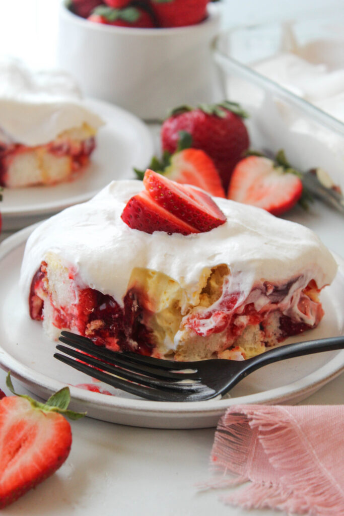 Slice of Strawberry Heaven dessert served chilled