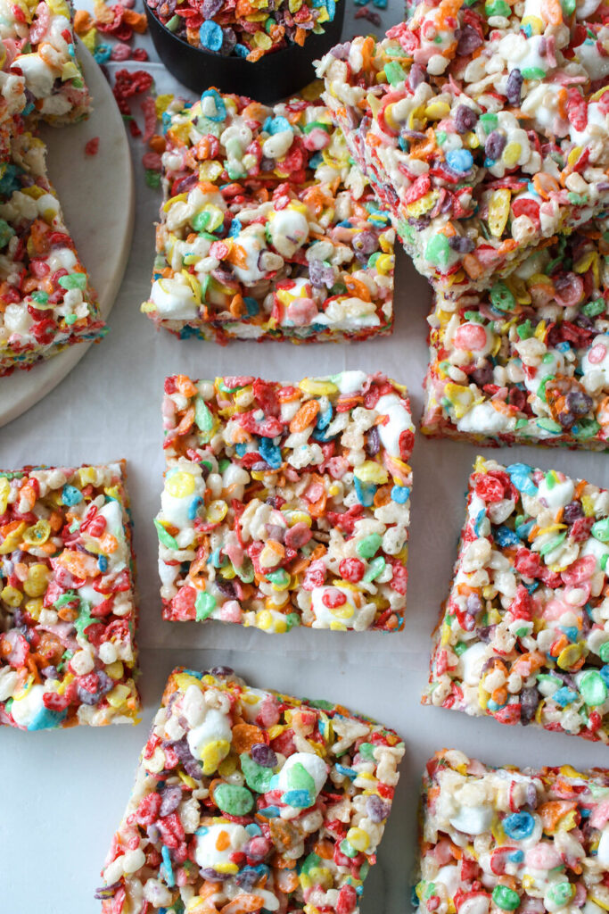 No‑bake Fruity Pebbles Rice Krispie treats cut into squares
