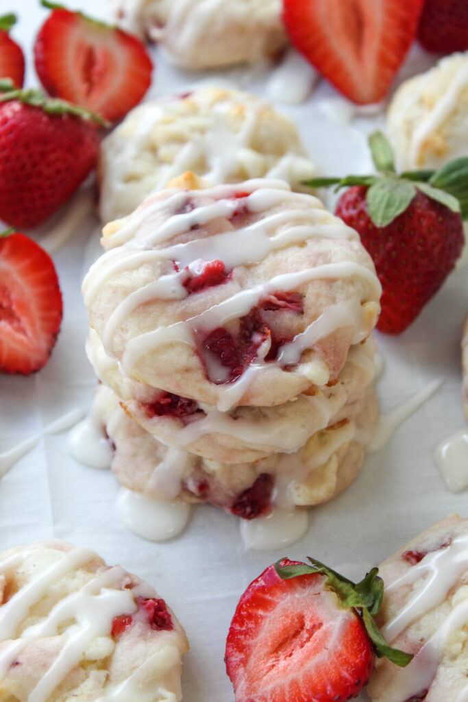 Strawberry shortcake cookies studded with strawberries and white chocolate chips
