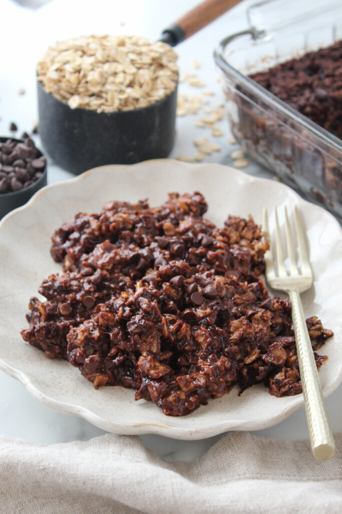 Brownie baked oatmeal topped with chocolate chips