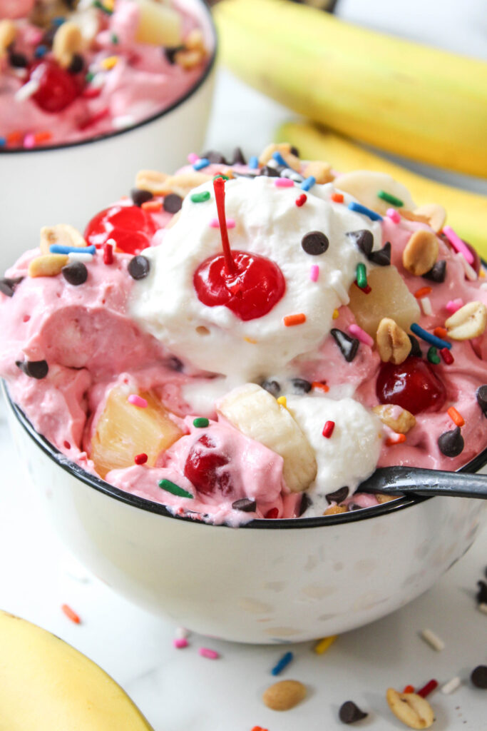 Creamy banana split fluff with whipped topping