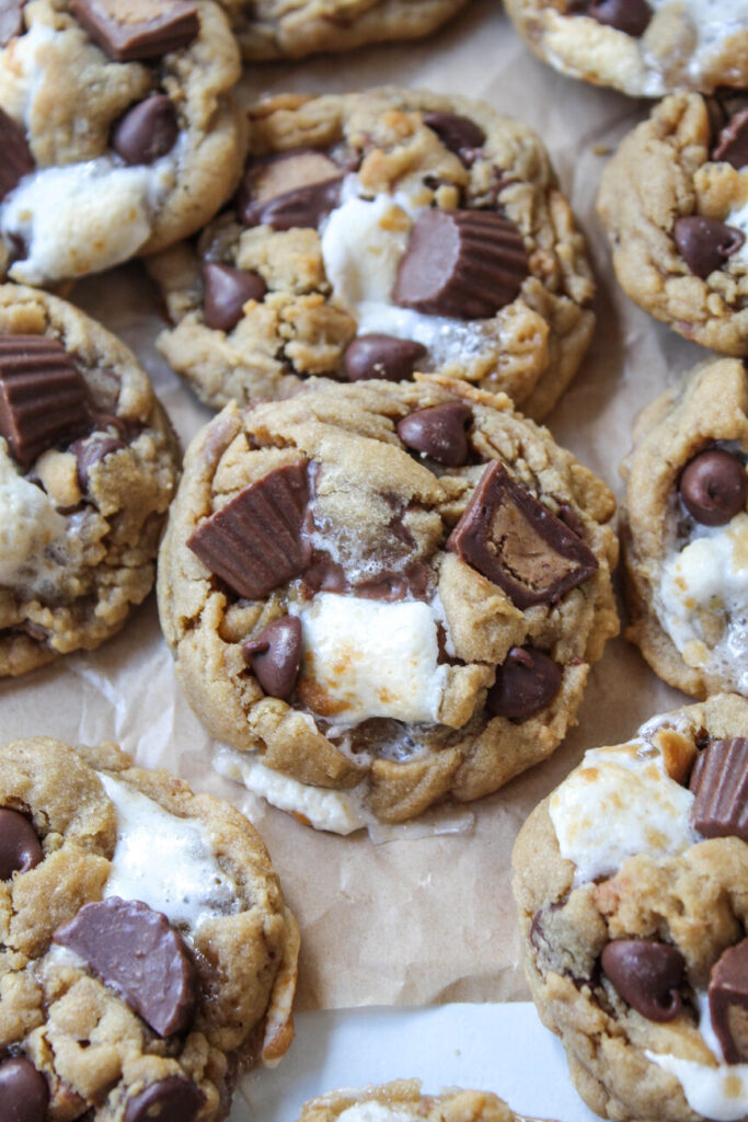 Homemade Reese’s marshmallow chocolate chip cookies, gooey and golden brown