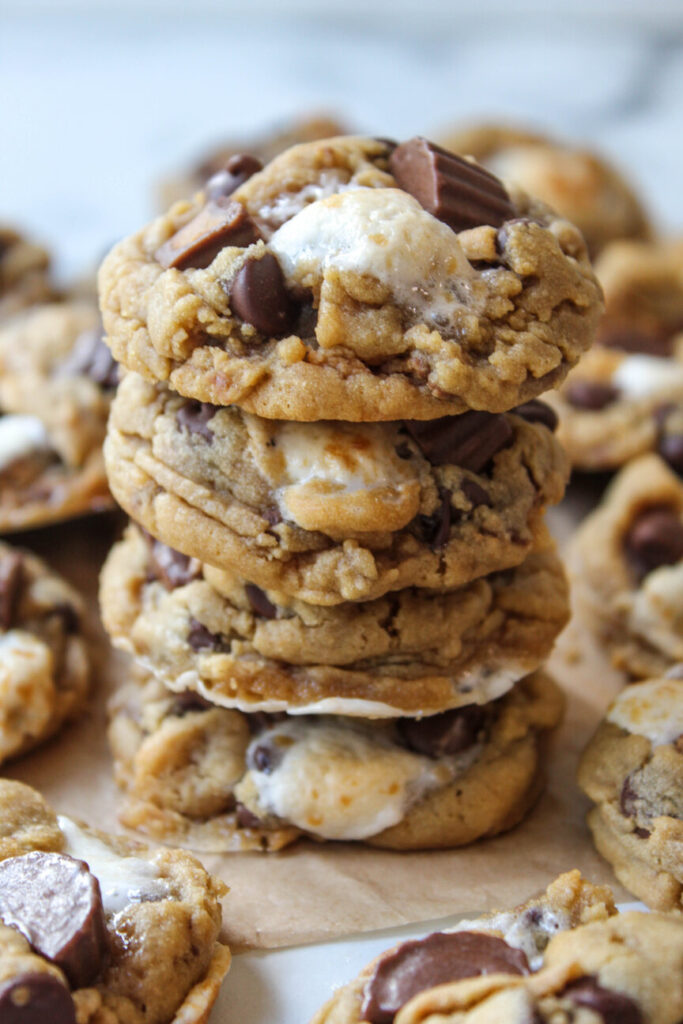 Chewy chocolate chip cookies with Reese’s pieces and gooey marshmallows