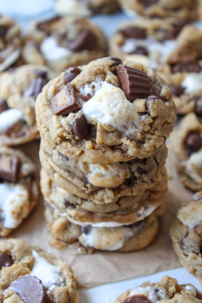 Golden-brown cookies with soft centers, filled with melty chocolate chips and marshmallow pockets