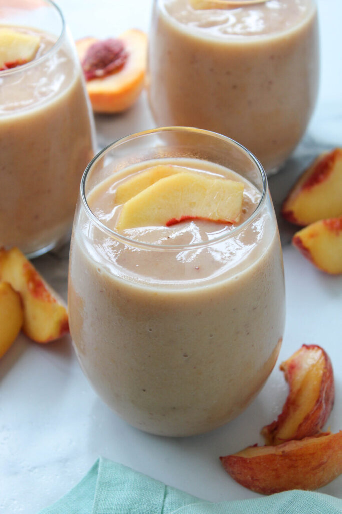 Thick and creamy peach smoothie blended with peaches and pears