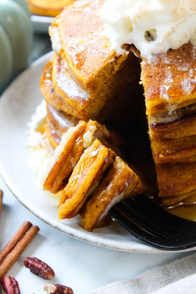 Pumpkin pancakes made from scratch with a light and airy texture