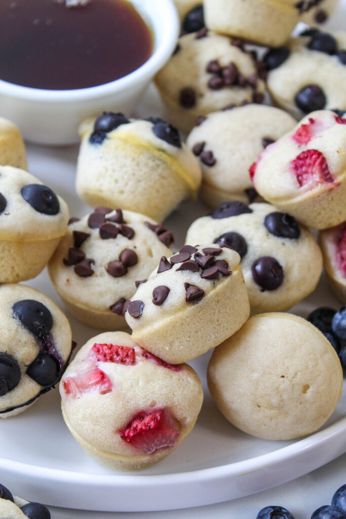 Bite-sized pancake muffins made with pancake mix and maple syrup
