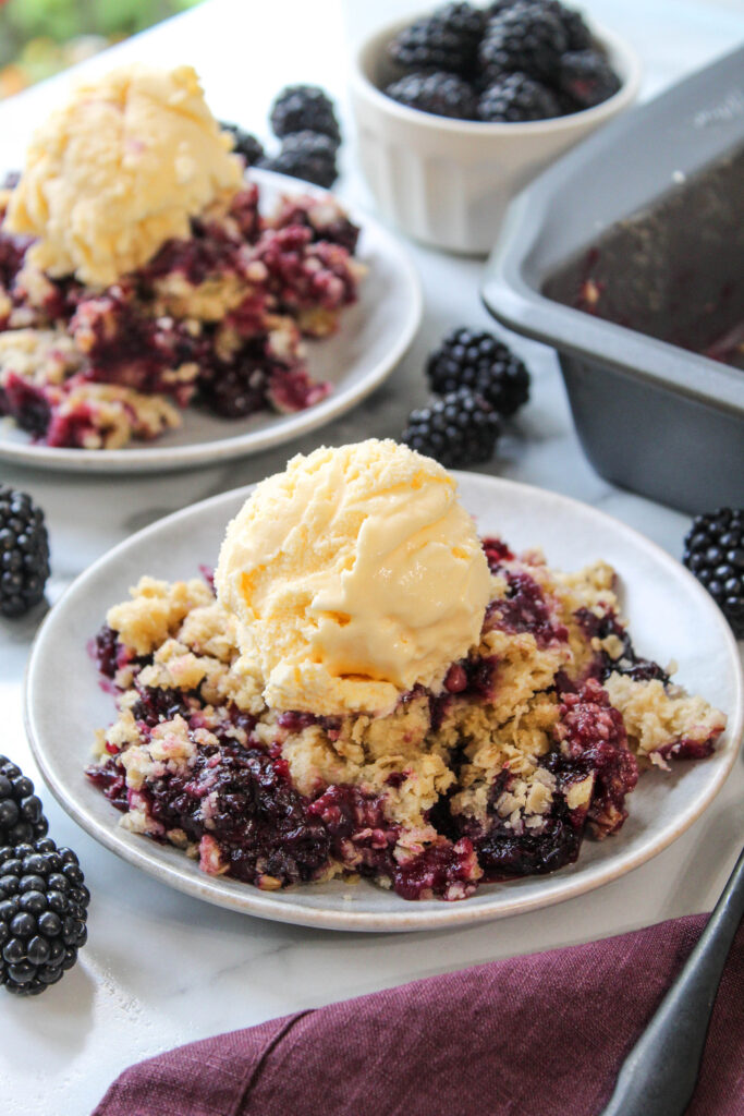 Easy blackberry crisp with juicy berries and a buttery oat crumble topping baked until golden brown