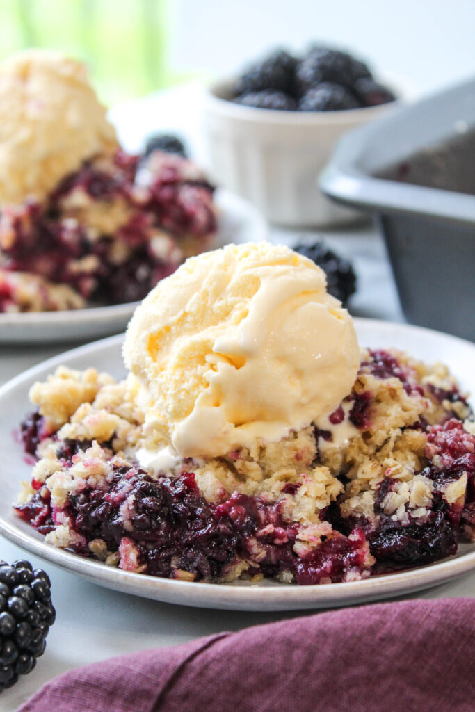 Fresh blackberry crisp dessert with a crunchy oat topping and bubbling berry filling