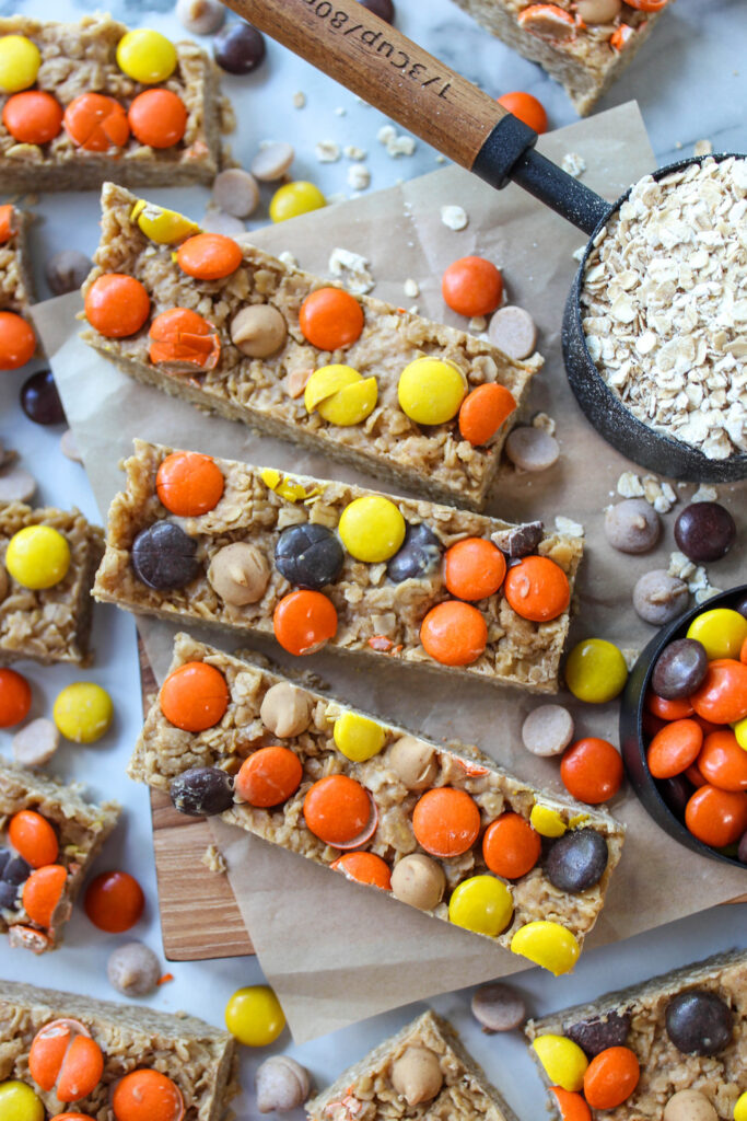 Freshly made peanut butter granola bars with a chewy oat texture
