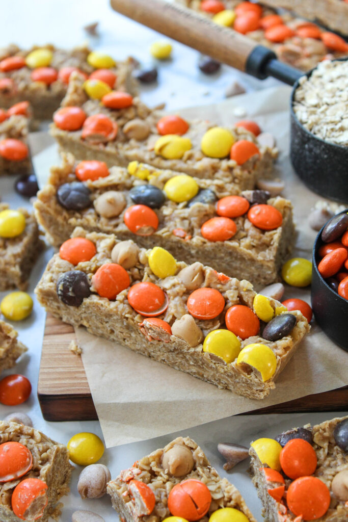Homemade peanut butter granola bars cut into rectangular bars
