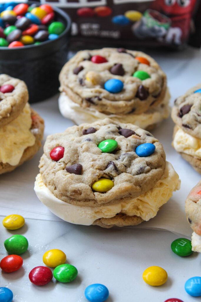 Monster cookie ice cream sandwich filled with vanilla ice cream