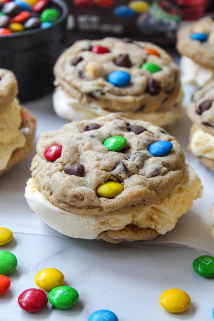 Soft and chewy monster cookie ice cream sandwich dessert