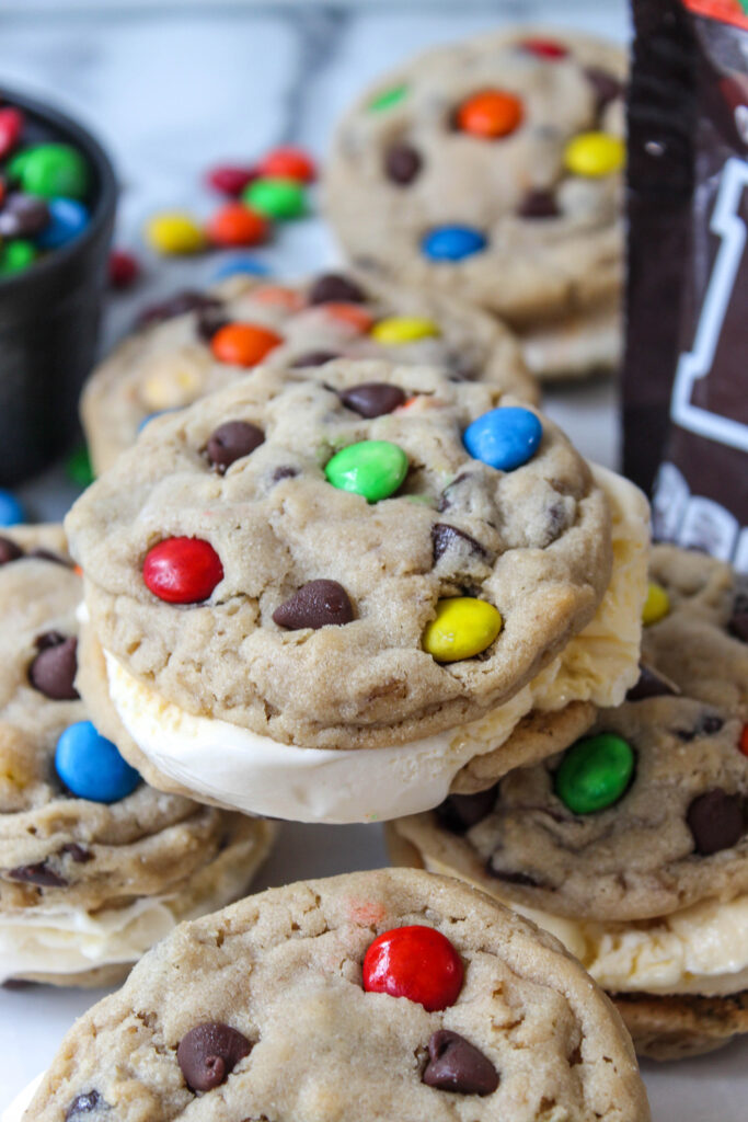 Frozen monster cookie ice cream sandwich ready to serve