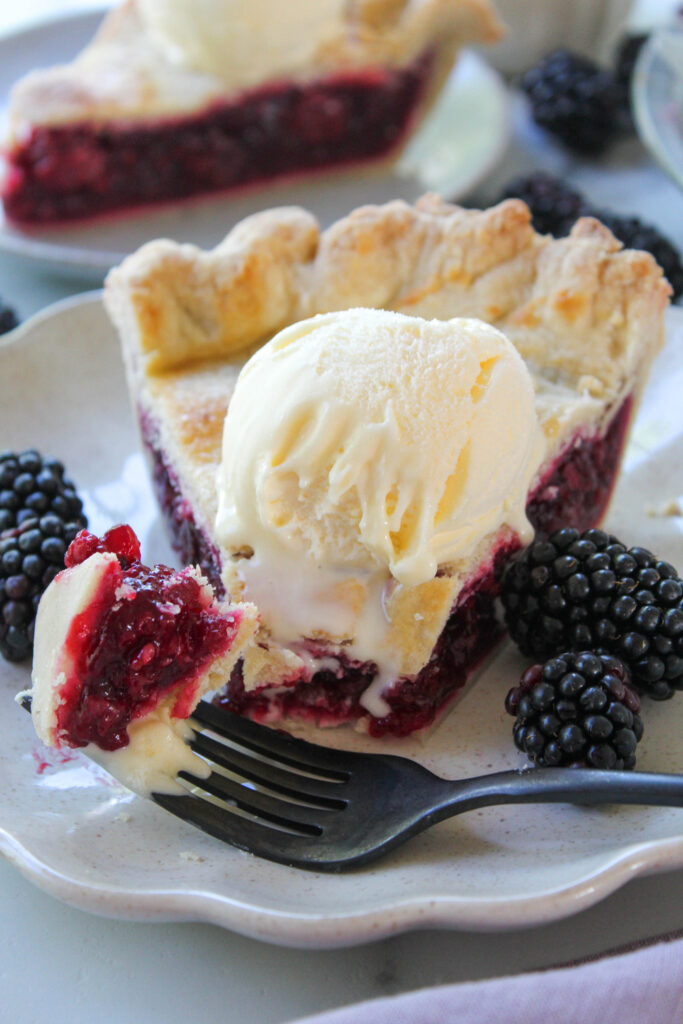 Piece of homemade blackberry pie showing a thick blackberry filling inside