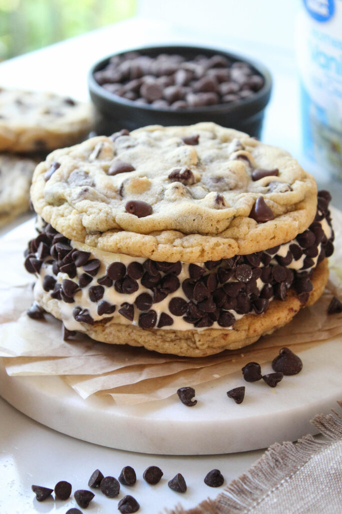 Jumbo chocolate chip cookie ice cream sandwich