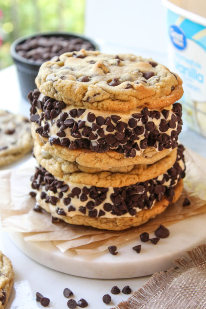 Large ice cream sandwich made with two chocolate chip cookies