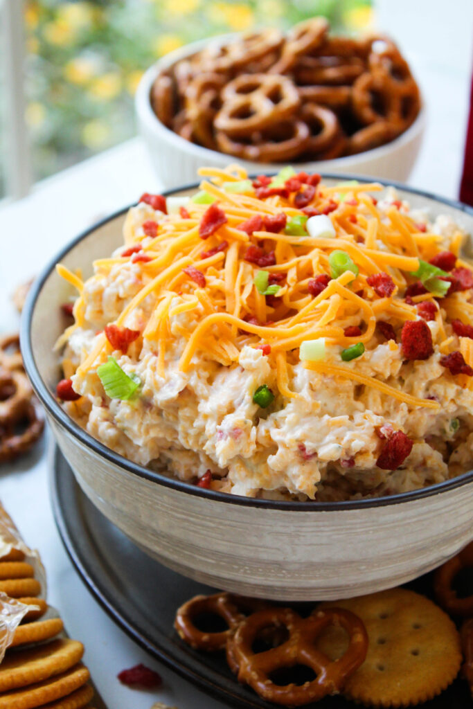 Easy ranch bacon cheddar crack dip in a serving bowl
