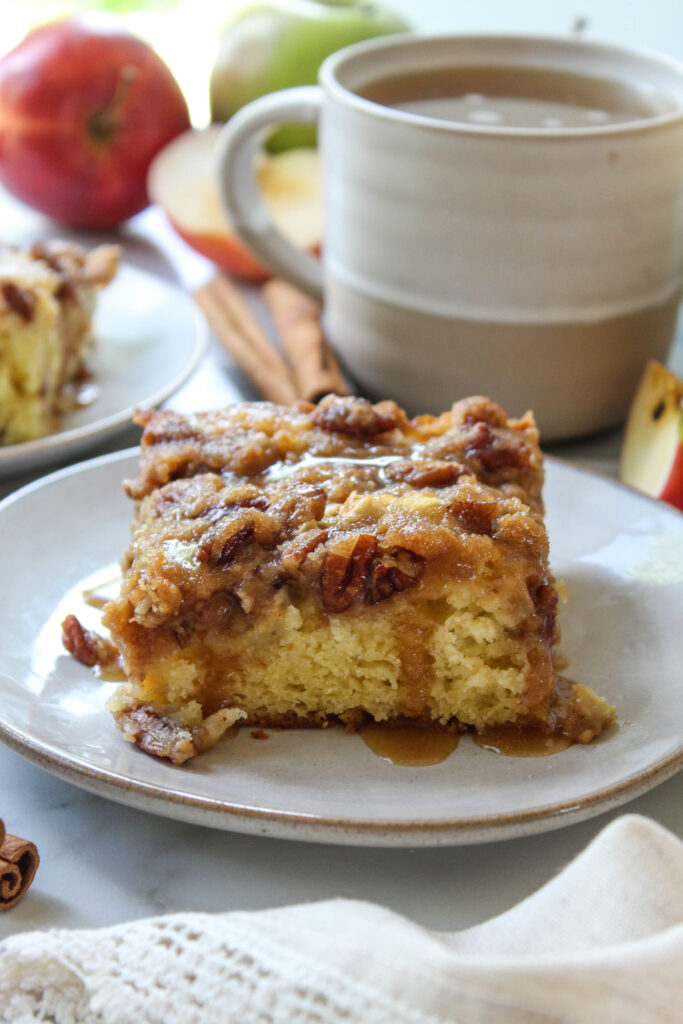 Apple crisp coffee cake topped with a buttery cinnamon crumb topping