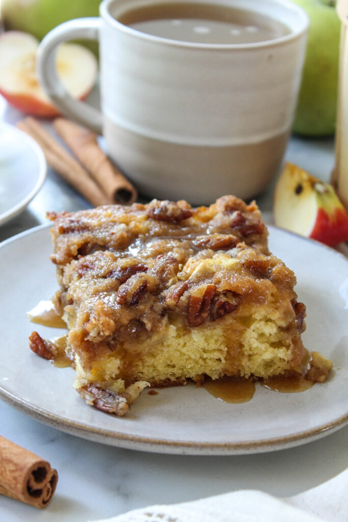 Freshly baked apple crisp coffee cake served on a dessert plate
