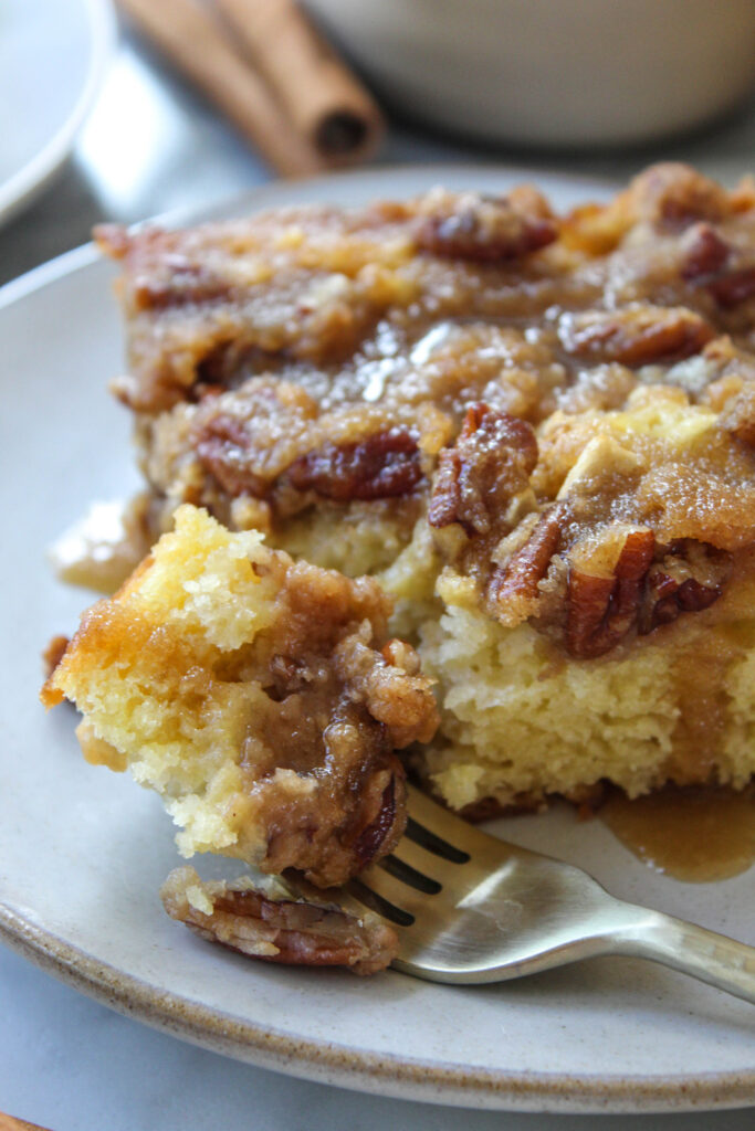 Moist apple coffee cake with a sweet cinnamon streusel topping