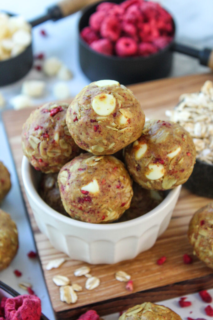 White chocolate raspberry snack bites ready to serve