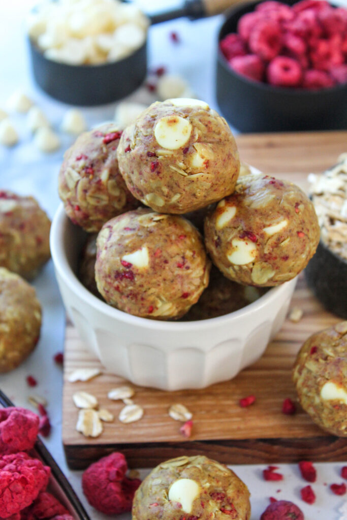 Homemade white chocolate raspberry protein bites
