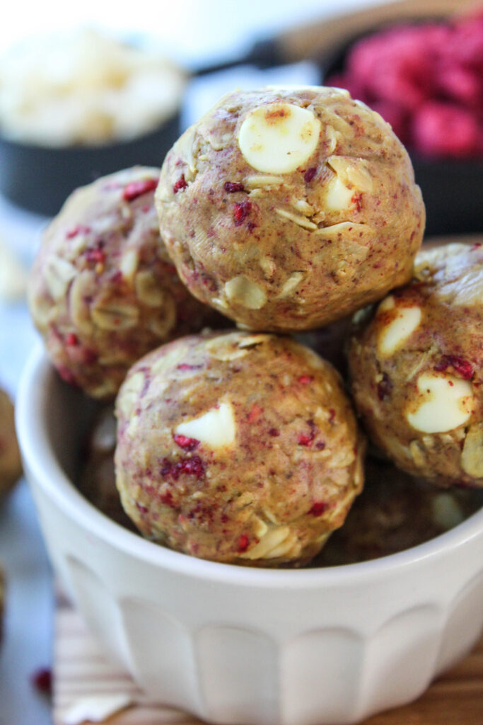 High-protein white chocolate raspberry energy balls