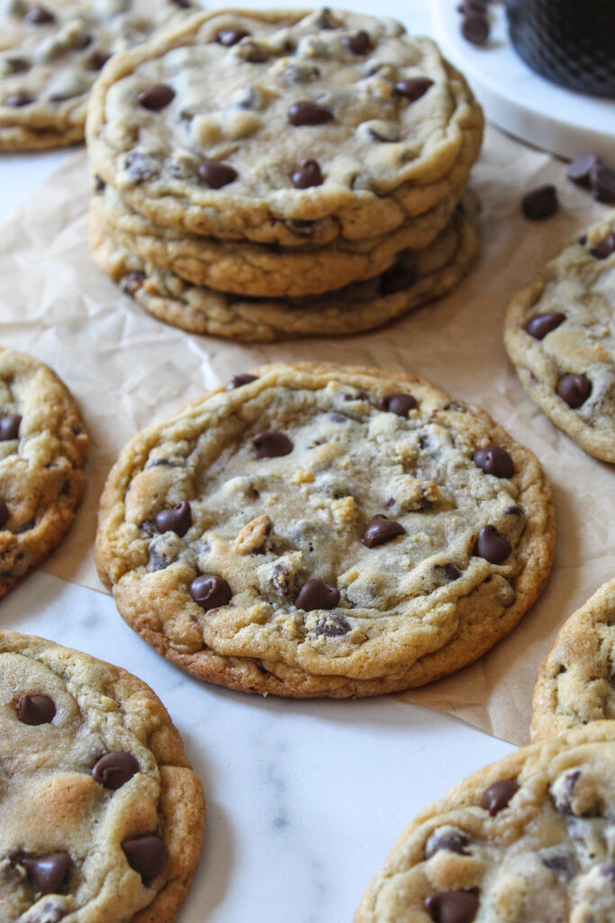 Thick bakery style jumbo chocolate chip cookies