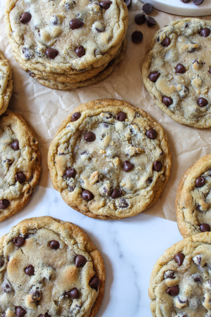 Homemade jumbo chocolate chip cookies with gooey centers