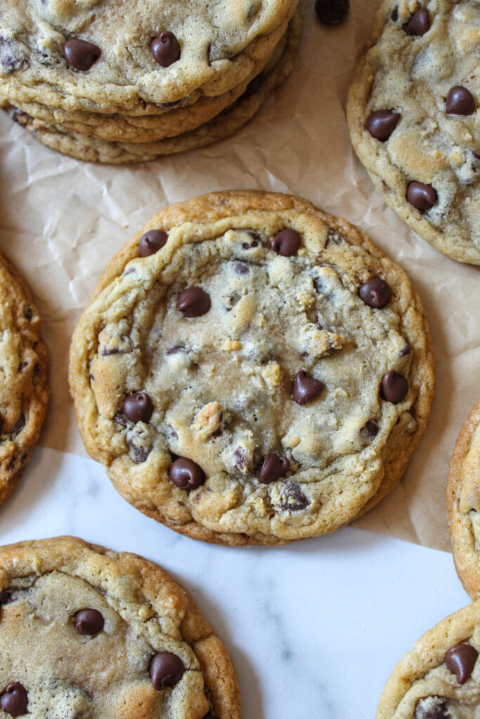 Jumbo chocolate chip cookies with crisp edges and soft centers