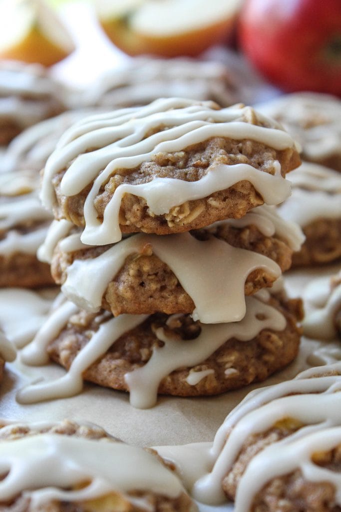 Soft and chewy apple cinnamon oatmeal cookies stacked