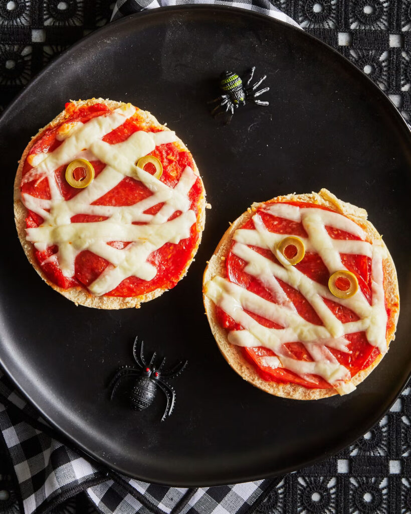 Halloween Bagel Pizza Mummies