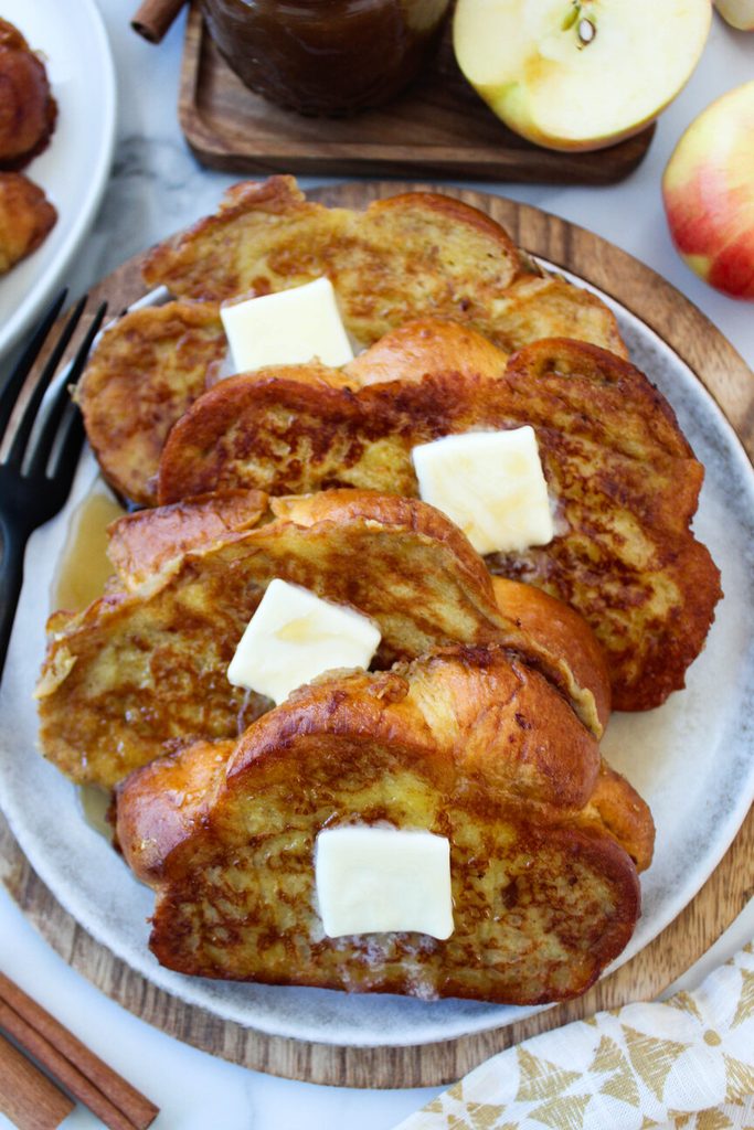 French toast soaked in apple‑butter custard and cooked until golden brown