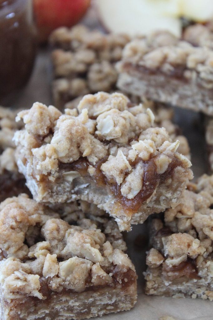 Soft apple butter bars layered with sweet apple filling and buttery crumble